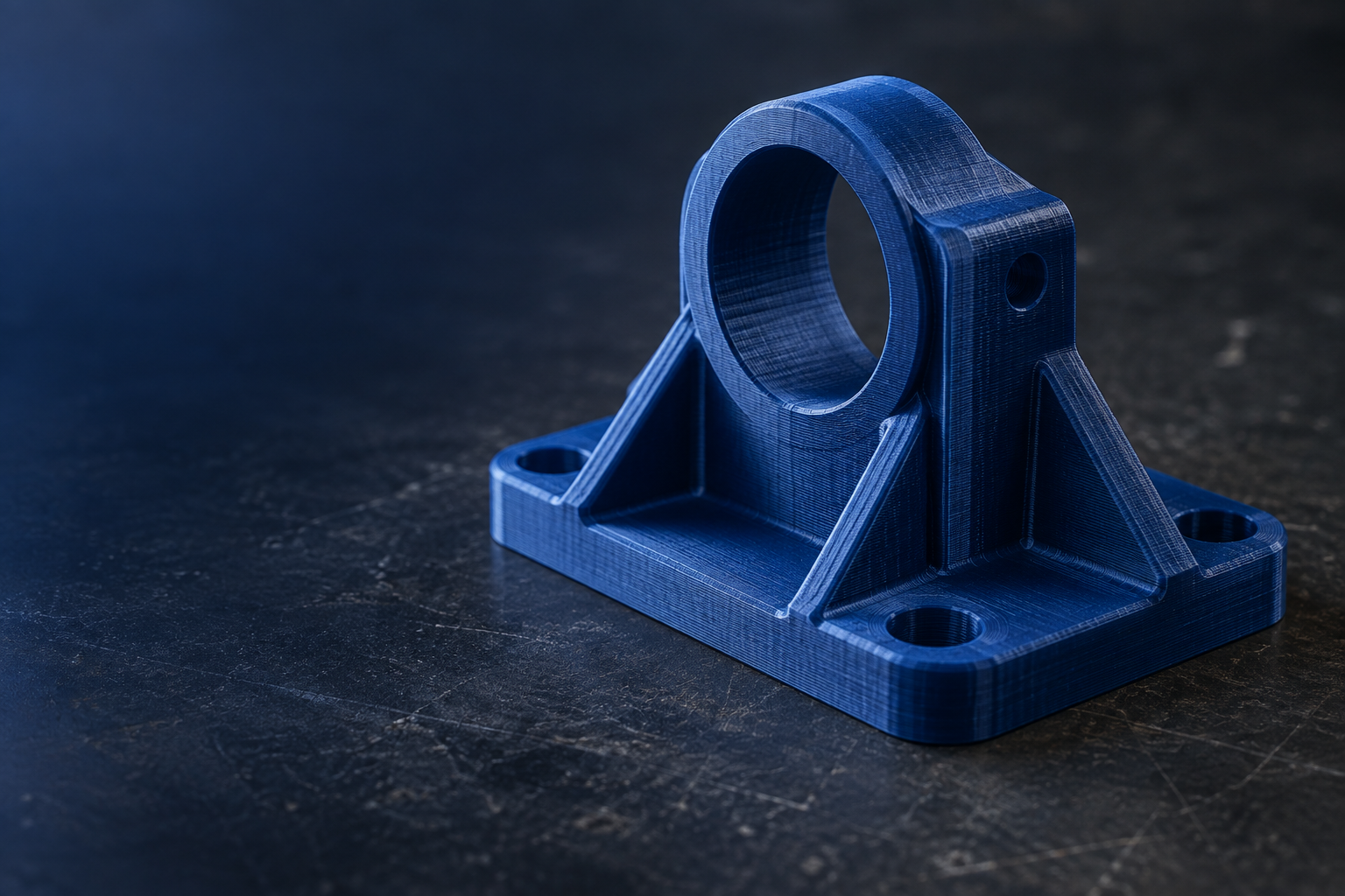 Blue 3D printed mounting bracket on a workshop bench